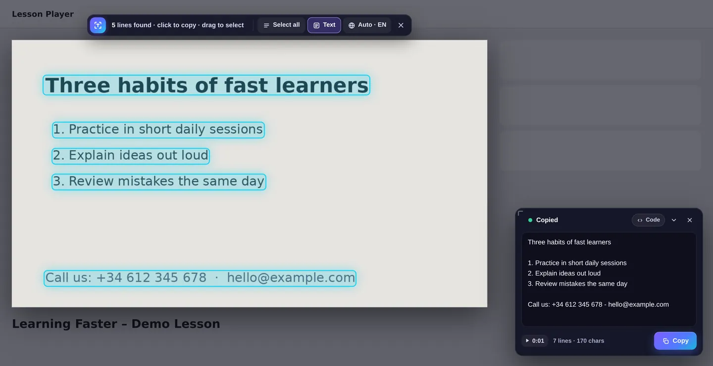 CopyVideoText highlighting every line of text on a paused video and showing the copied text in a panel
